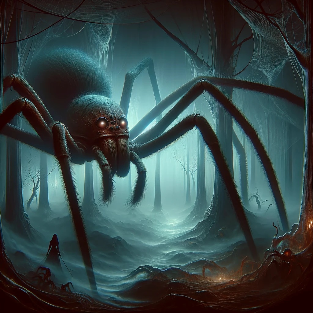 A-surreal-and-haunting-image-of-a-giant-spider-from-a-dream.-The-spider-is-enormous-with-long-spindly-legs-and-a-dark-menacing-body.-Its-eyes-glow