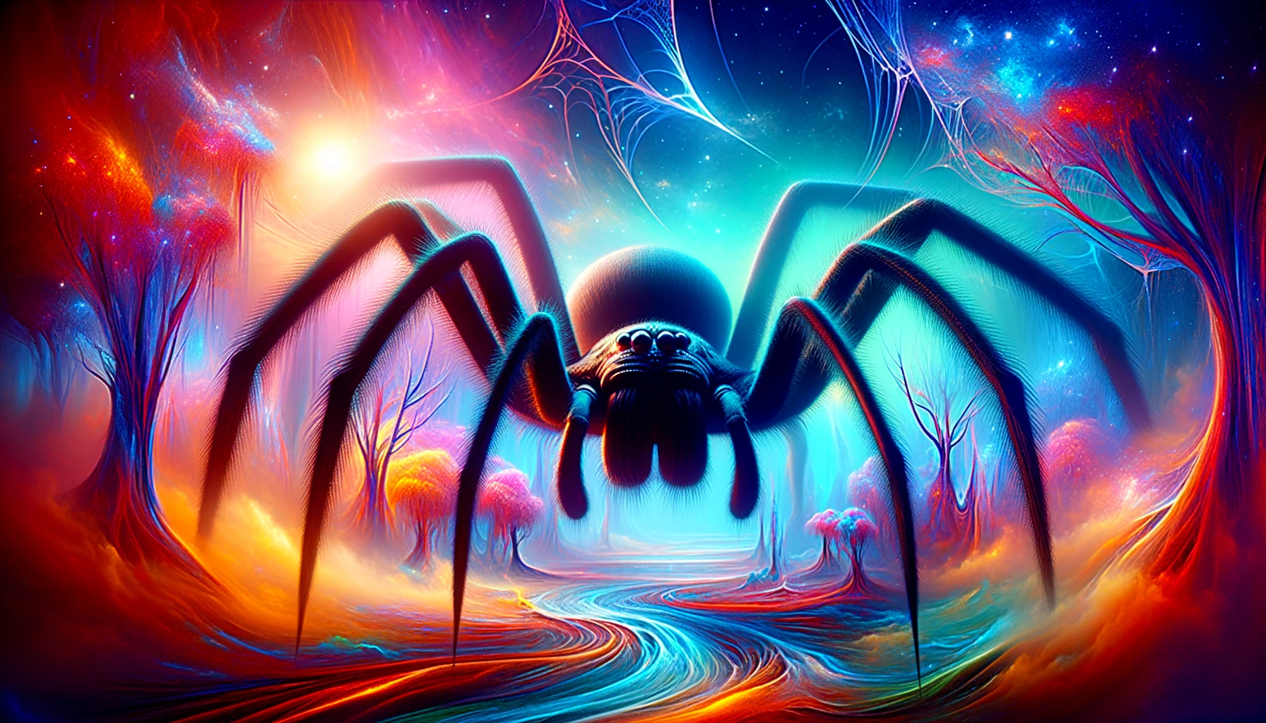 A surreal and haunting image of a giant spider from a dream. The spider is enormous, with long, spindly legs and a dark, menacing body. Its eyes glow