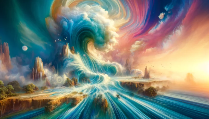 A surreal and dreamy image of a tsunami wave crashing onto the shore.