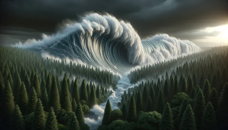  A realistic and dramatic image of a gigantic tsunami wave crashing into a dense forest. The wave is enormous and powerful, towering above the trees