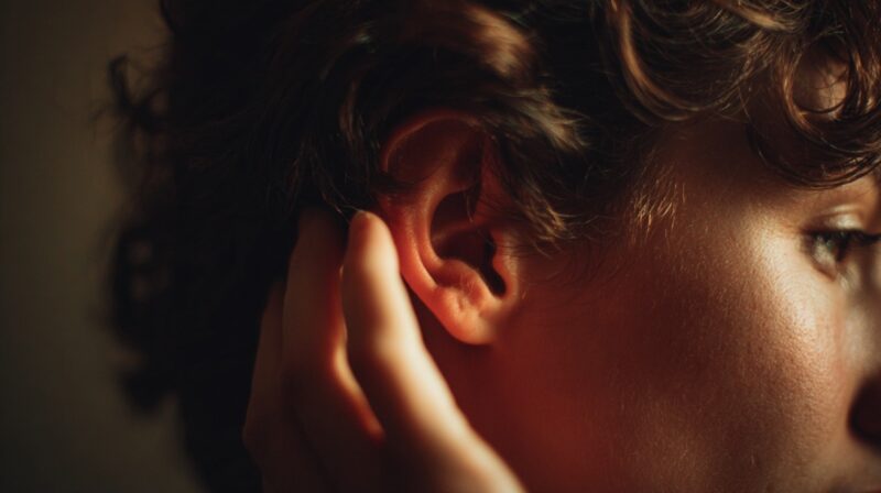 Close-up of a person touching their ear with a concerned expression in soft lighting