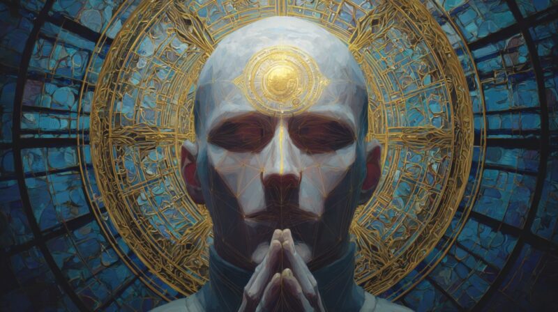 Digital art of a serene, futuristic figure with eyes closed and hands in prayer, a glowing golden symbol on the forehead, surrounded by intricate spiritual patterns