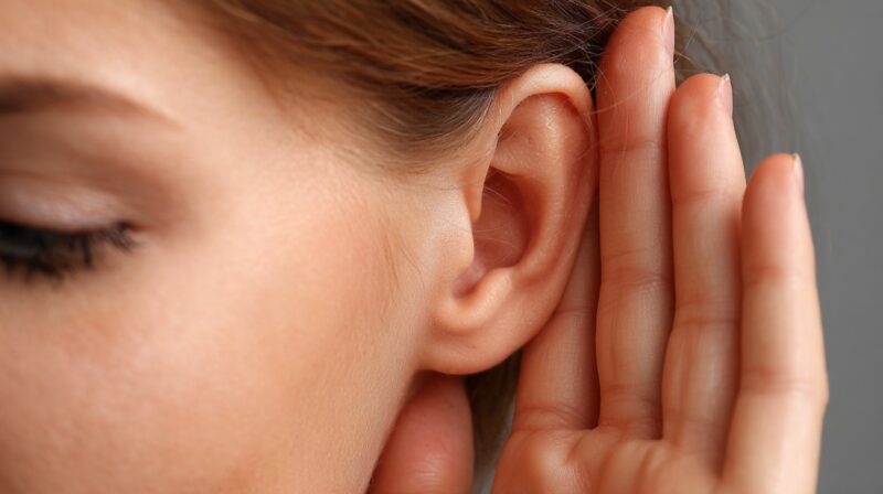 Close-up of a woman holding her hand behind her right ear, listening carefully