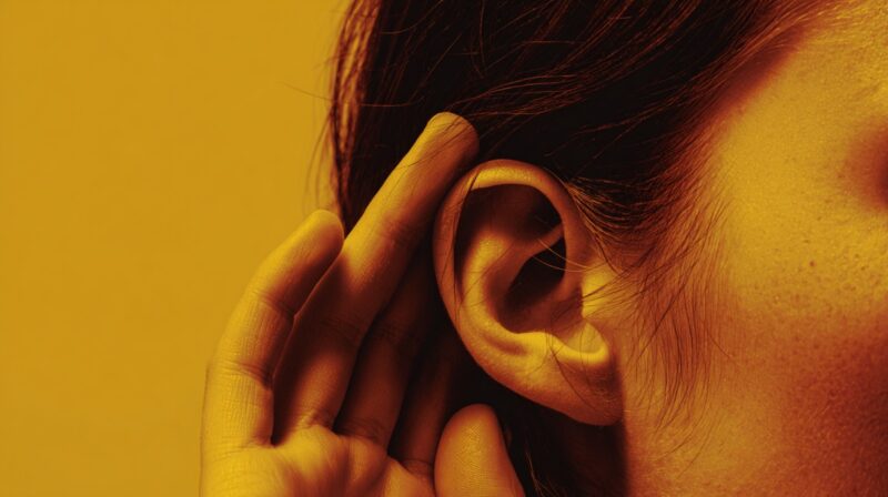Person holding a hand behind their right ear, with an orange color overlay effect.